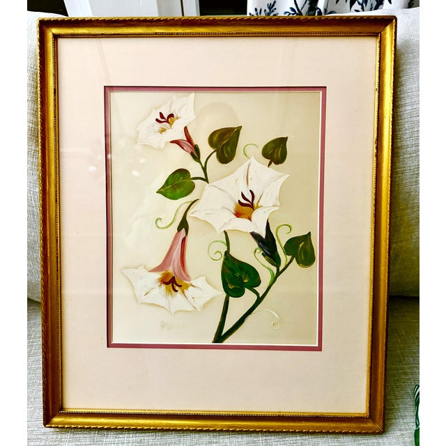 Original artwork of morning glories, signed by "Morton". Beautiful painting on silk on morning glories with custom matting...