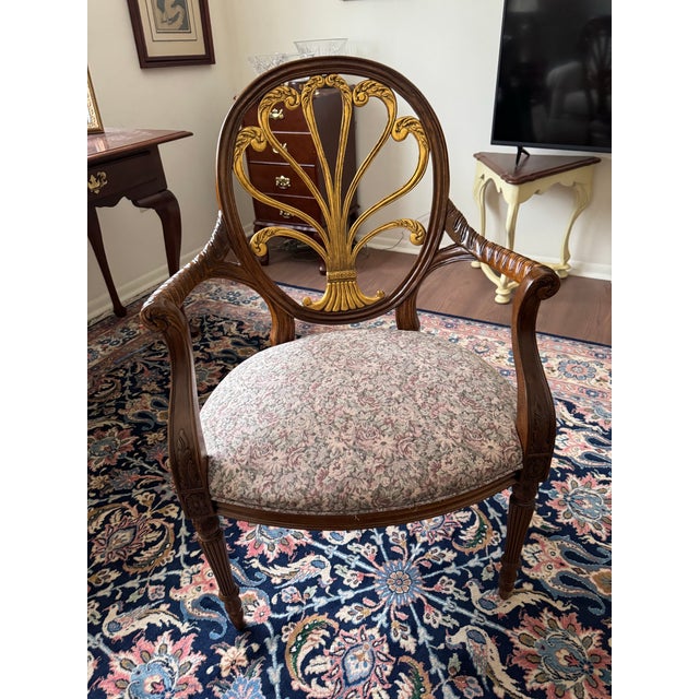 French Mid 20th Century Pair Hickory Chair Anthenion Accent Arm Chairs Gold Gilt Floral Upholstered For Sale - Image 3 of 12