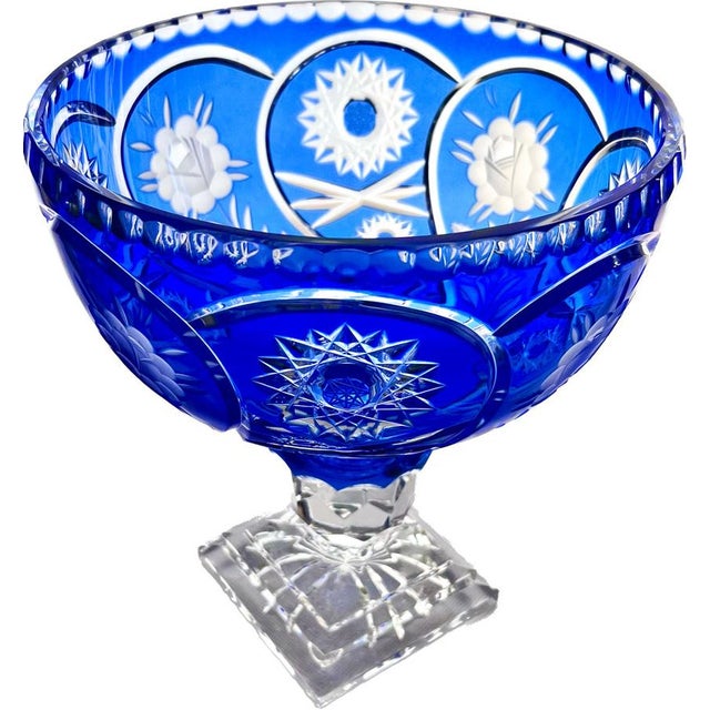 Large Bohemian Style Blue Crystal Centrepiece Pedestal Bowl on Ball Stem and Square Base, 1960s For Sale - Image 4 of 12