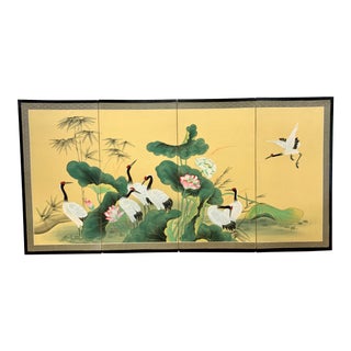 Japanese Painted Four Panel Folding Screen With Cranes and Lilies For Sale