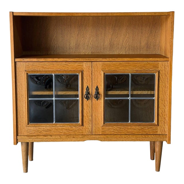 Oak Glass Cabinet With Leaded Doors Danish Mid-Century Modern 1960s For Sale