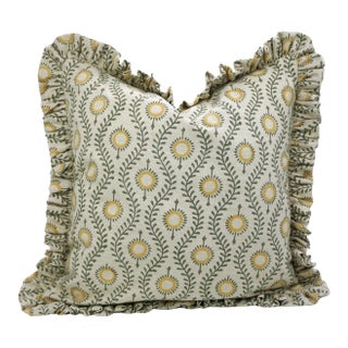 Boho Floral Block Print Frill Pillow Cover Handmade Artisan Decorative Throw 16x16 Inch- Laher For Sale