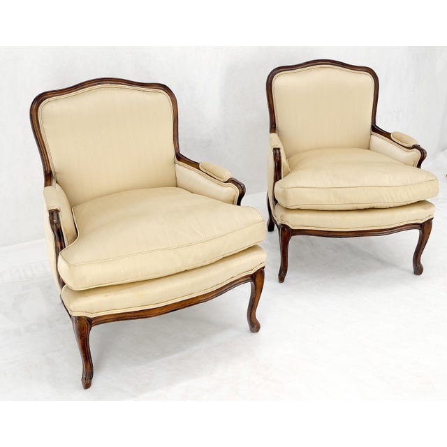 Pair Down Filled Cushions Silk Like Upholstery Carved Legs French Lounge Chairs For Sale - Image 15 of 15