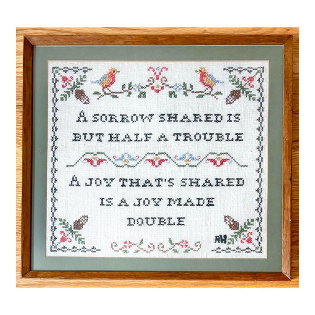 Vintage Folk Art Bird and Poem Cross Stitch, Framed For Sale