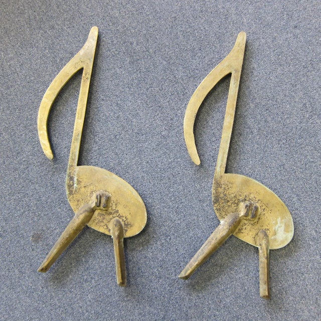 Metal 1940s Mid Century Modern Solid Brass Musical Note Andirons - a Pair For Sale - Image 7 of 11
