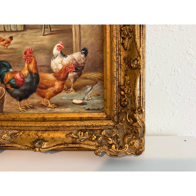 Vintage Signed Rooster and Chickens Oil Painting Farmyard Hen Scene, Gold Frame For Sale - Image 10 of 12