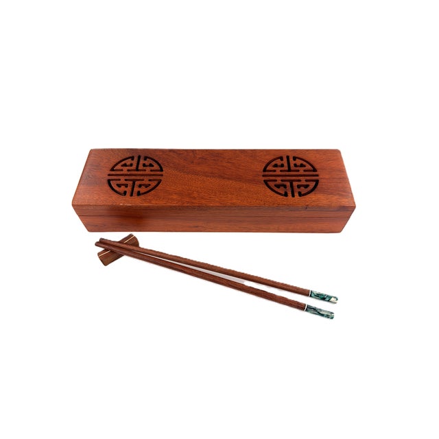 Brown Asian Modern Vietnamese Wooden Chopsticks for 8 With Green Mother of Pearl Marbled Tips Decorative Storage Box and Coordinating Rests - 25 pcs For Sale - Image 8 of 8