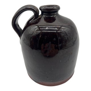 A Fine Antique Pennsylvania Folk Art Redware Handled Jug With an Albany Glaze, 1870's For Sale