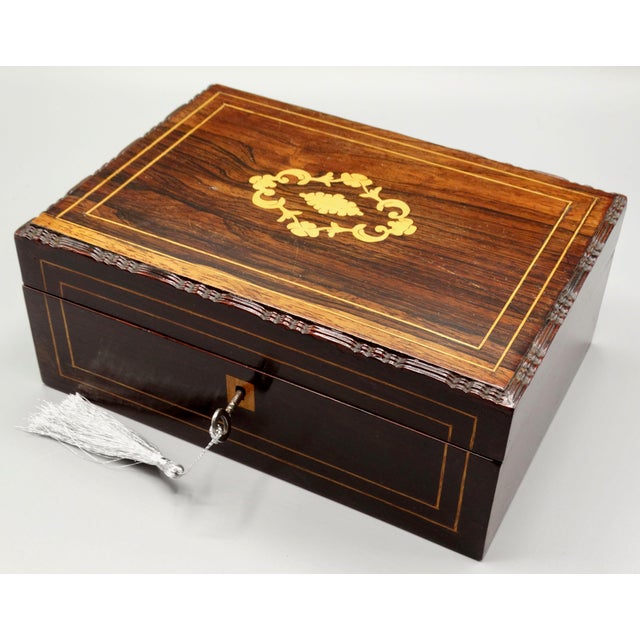 Wood 19th-Century English Rosewood Jewelry Box, Lock & Key For Sale - Image 7 of 11