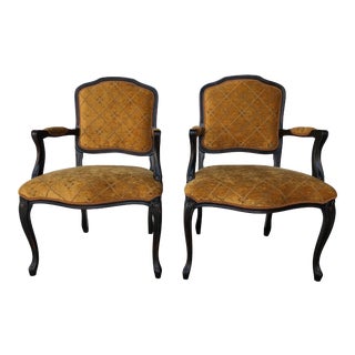 Beech Wood Lacquered "Worn Matt Black" and Padded in Golden "Operato" Chenille Velvet Armchairs - a Pair For Sale