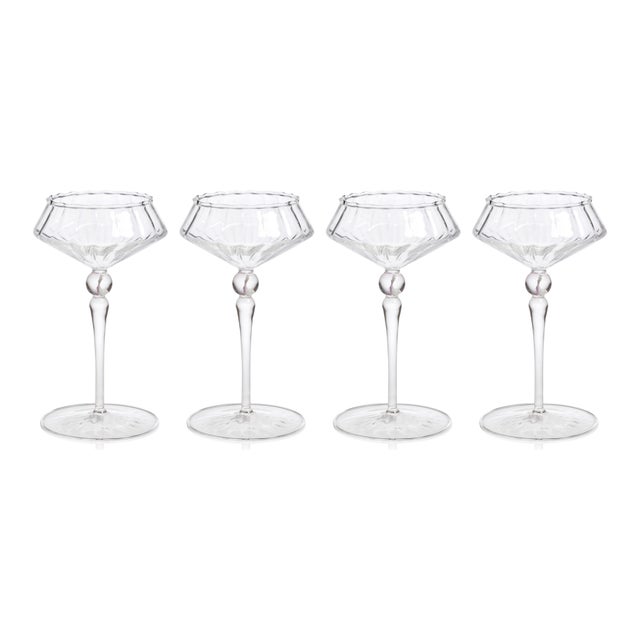Ondine 4-Piece Set Fluted Coupe Glasses, Clear with Powder Pink Accent For Sale - Image 4 of 4