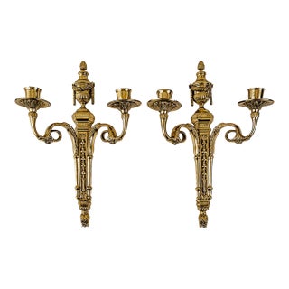 French Neoclassical Style Bronze/Brass Two-Arm Wall Sconces Set of 2 For Sale