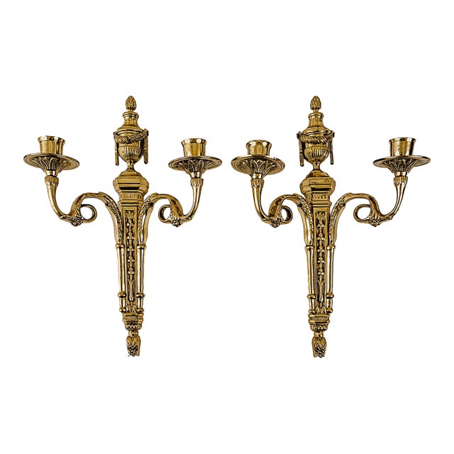 French Neoclassical Style Bronze/Brass Two-Arm Wall Sconces Set of 2 For Sale