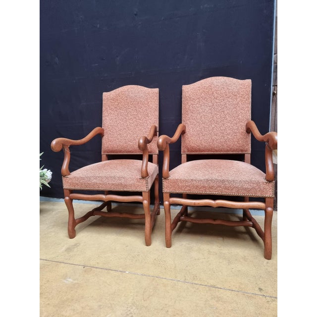 Early 20th Century French Louis XIII Style Walnut Os de Mouton Chairs with Scrolling Arms - a Pair For Sale - Image 4 of 12