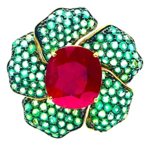 Bochic "Orient" Vintage Ruby & Emerald Flower Ring Set In 18K Gold & Silver