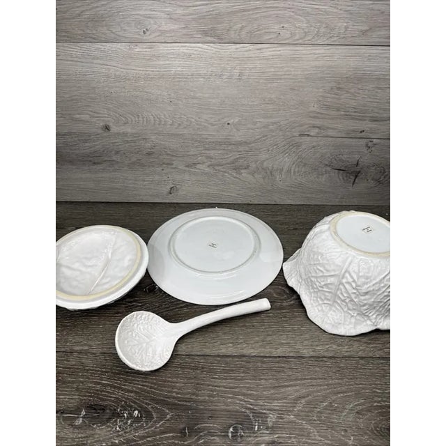 Ceramic Vintage White Majolica Cabbage Leaf Tureen With Lid and Ladle - Made in Portugal For Sale - Image 7 of 7