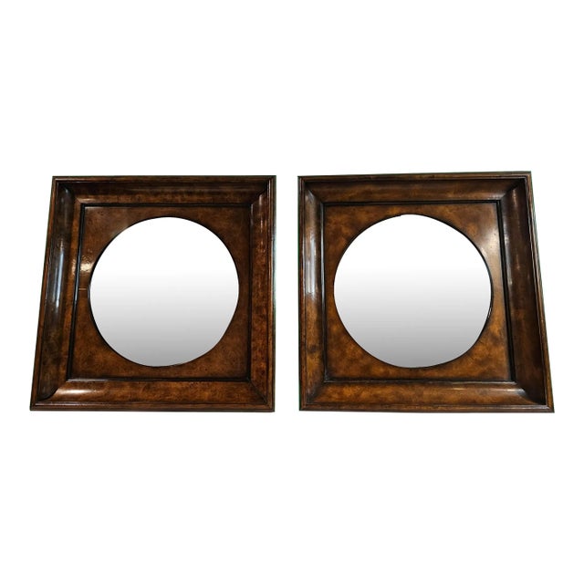 Pair of Early 21st Century Theodore Alexander Burlwood Frame Convex Mirrors For Sale