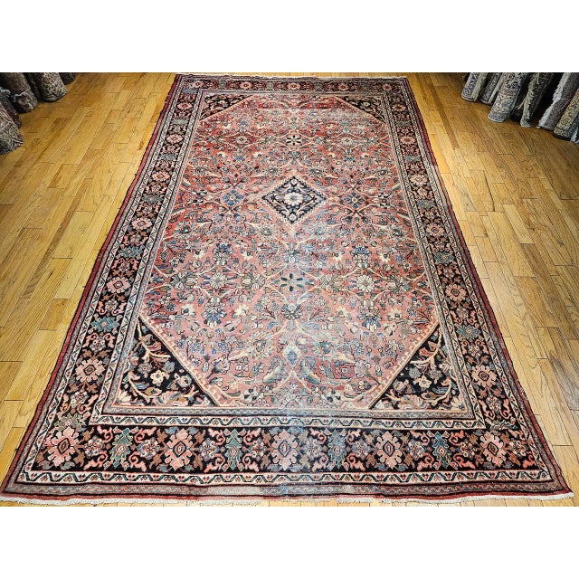 Textile Vintage Oversized Persian Mahal-Sultanabad Rug, Hand-Knotted Wool, Floral Pattern, Red & Navy, 11x17 For Sale - Image 7 of 16