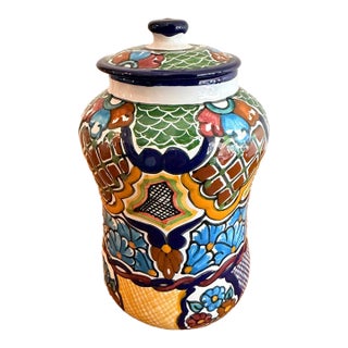 Mexican Talavera Hand-Painted Multicolor Ceramic Lidded Jar For Sale