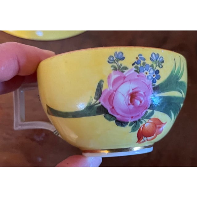 Antique 19th century Meissen porcelain tea cup and saucer decorated with roses and tropical foliage on a bright yellow...