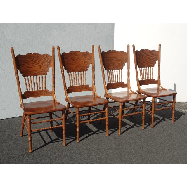 Set of Four Vintage Oak Pressback Dining Room Chairs ~ French Country 2of2 For Sale - Image 4 of 12