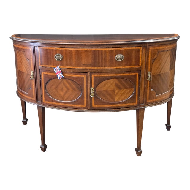 Early 20th Century Bowfront Mahogany Satin Banded Sheraton Style Sideboard For Sale