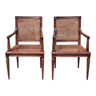 Mid 20th Century Pair of Neoclassical Style Caned Seat and Back Patinated Walnut Arm Chairs For Sale