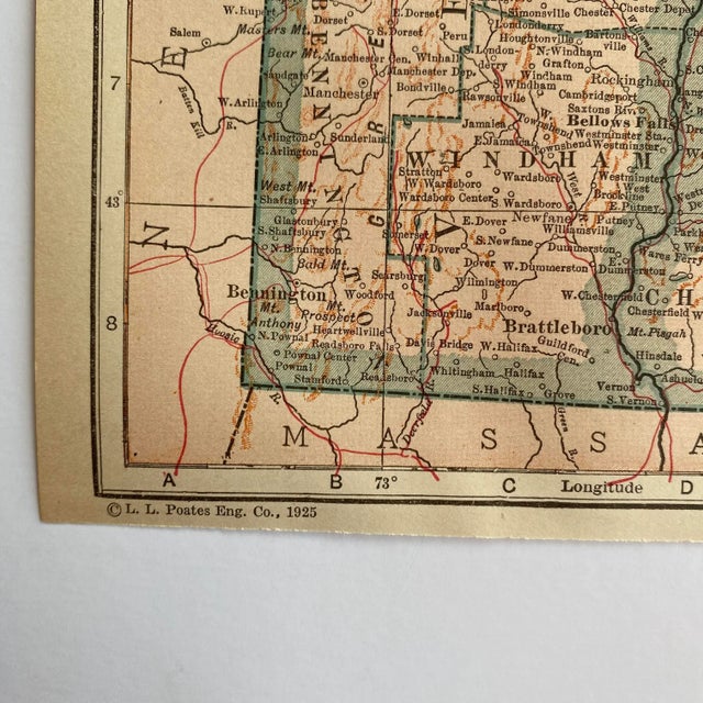 1925 map of Vermont & New Hampshire measuring 9” x 11" There is discoloration to paper consistent with age. Some wear to...