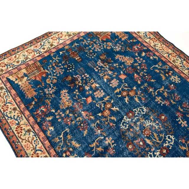 1950s Vintage Blue Chinese Peking-Style Floral Pagoda Rug For Sale - Image 5 of 11