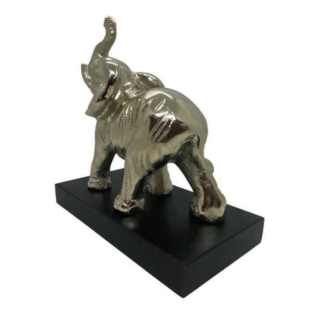 Contemporary Contemporary Silver Aluminum Metal Elephant Sculpture Standing on Black Wood Plinth For Sale - Image 3 of 12