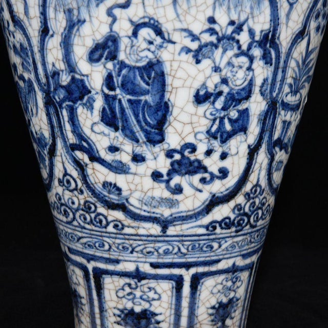 Blue Vintage Blue and White Porcelain Meiping Vase With Figural Panels and Craquelure Glaze For Sale - Image 8 of 8