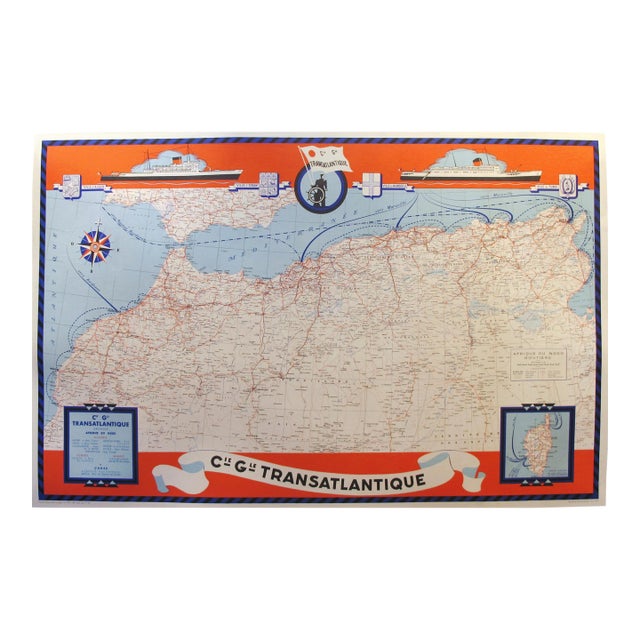 1950 Map of North Africa, Cie Gle Compagnie Generale Transatlantique For Sale