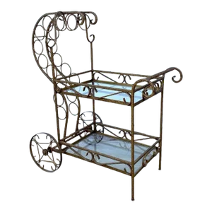 Mid 20th Century Vintage Italian Hollywood Regency Style, Gold Gilt Bar Cart With 10 Bottle Holders, 2 Glass Shelves and Two Wheels