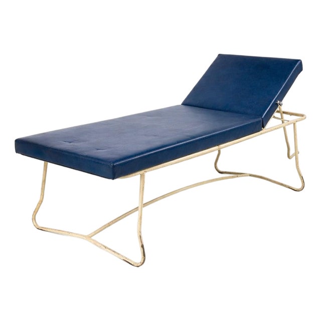 Mid-Century Modern Streamline Adjustable Chaise Lounge in Blue Vinyl and Chrome For Sale