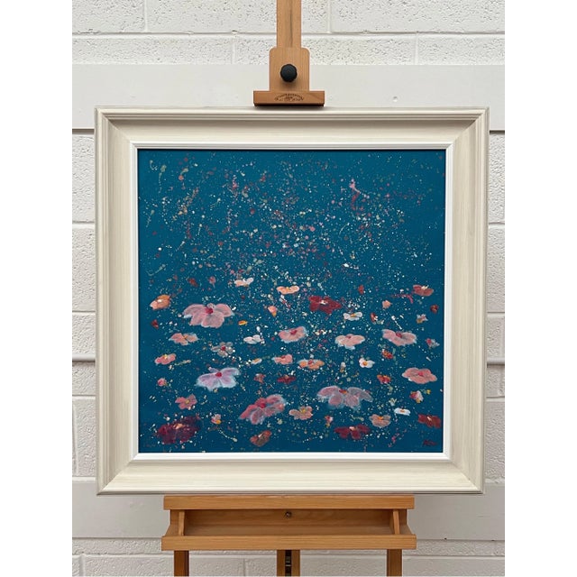 Contemporary Abstract Landscape Painting With Pink Flowers on a Deep Blue Turquoise Background - Unique Original Art by Contemporary British Artist, 2023 For Sale - Image 3 of 12