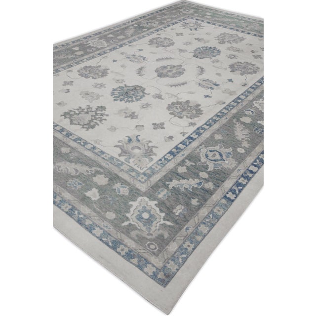 Early 21st Century Early 21st Century Blue & Green Floral Design Handwoven Wool Turkish Oushak Rug 9'6" X 13'10" For Sale - Image 5 of 8