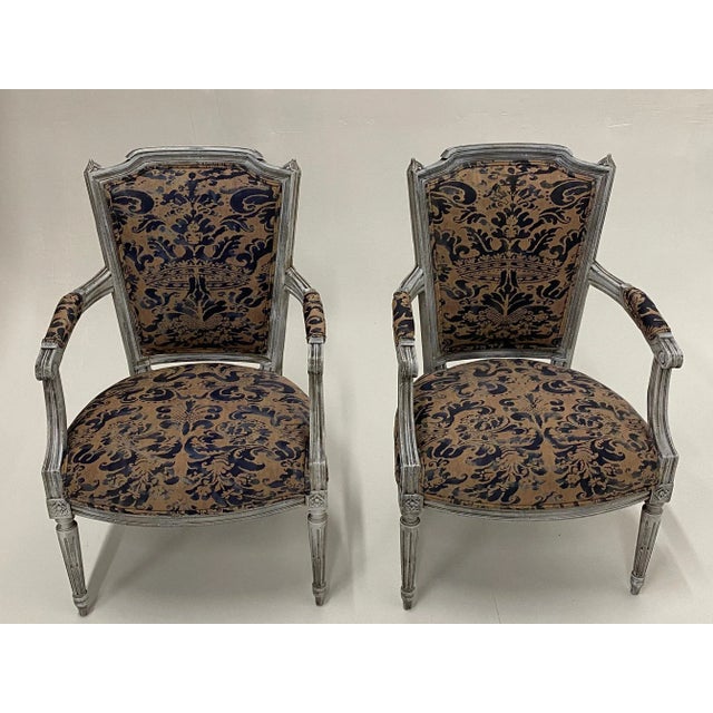 Painted French Armchairs With Fortuny Upholstery For Sale - Image 10 of 10