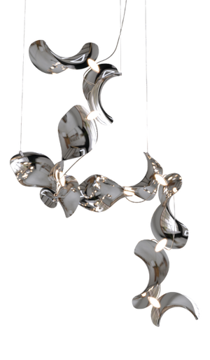 Dune 10 Spiral Chandelier with Silver Hand Polished Shades by Daniel Becker for Moss Objects