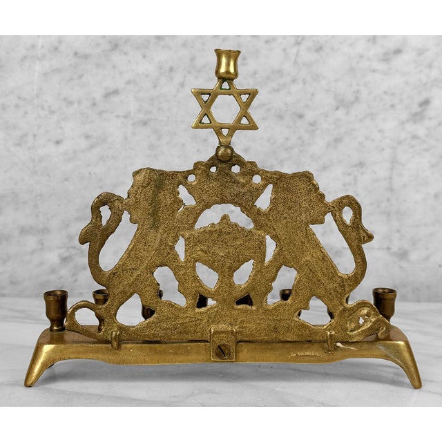 Share Vintage Traditional Brass Lions of Judah Hanukkah Menorah For Sale - Image 6 of 8