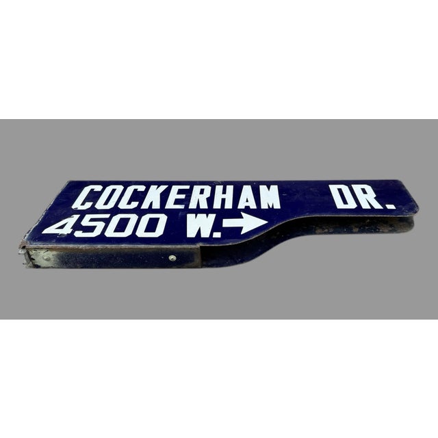 Blue Vintage Blue & White Porcelain Cockerham Drive W 4500 Los Angeles Ca Street Sign For Sale - Image 8 of 12