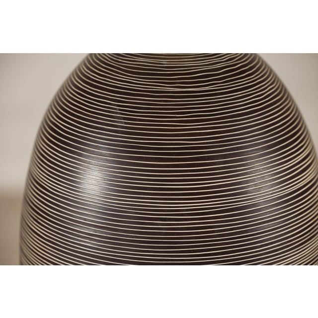 Mid-Century Modern Large Artisan Ceramic Vase with Fine Linear Decoration in Brown and Cream For Sale - Image 3 of 16