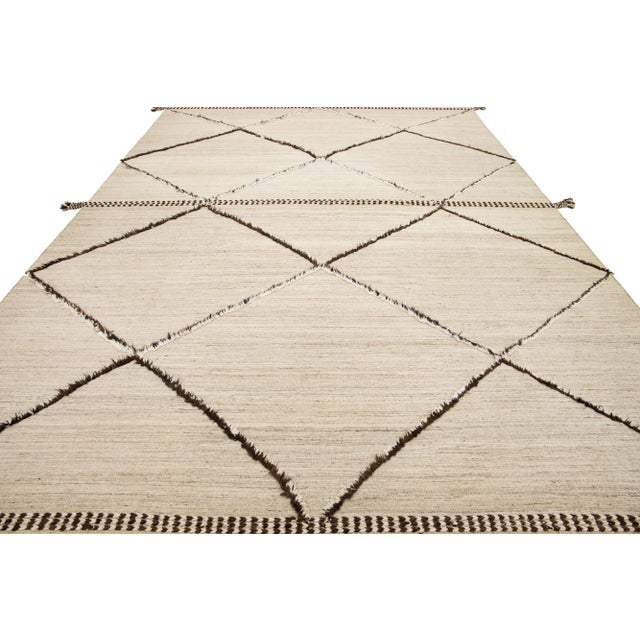 Beige 10 X 15 Modern Handmade Moroccan Style Wool Rug in Beige With Tribal Design For Sale - Image 8 of 9