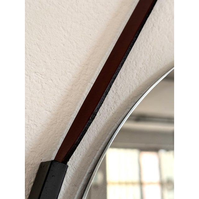 Italian Floating Wall Mirror with Leather Strap and Brass Details, 1960s For Sale - Image 4 of 14