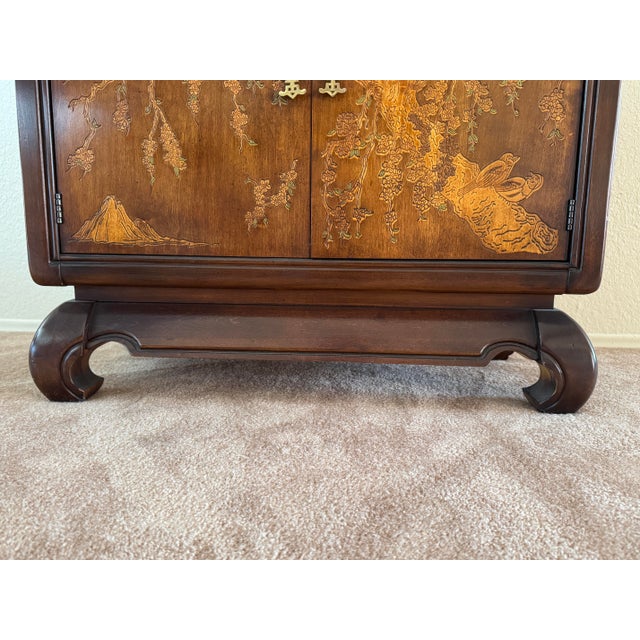 1970’s Asian Inspired Console Cabinet by Broyhill. Walnut With Decorative Brass Hardware. For Sale In San Diego - Image 6 of 11