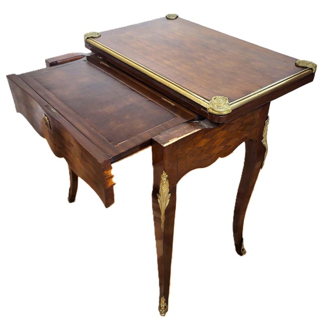 French Antique French Bronze & Inlaid Mahogany Flip Top Game Table Desk For Sale - Image 3 of 18