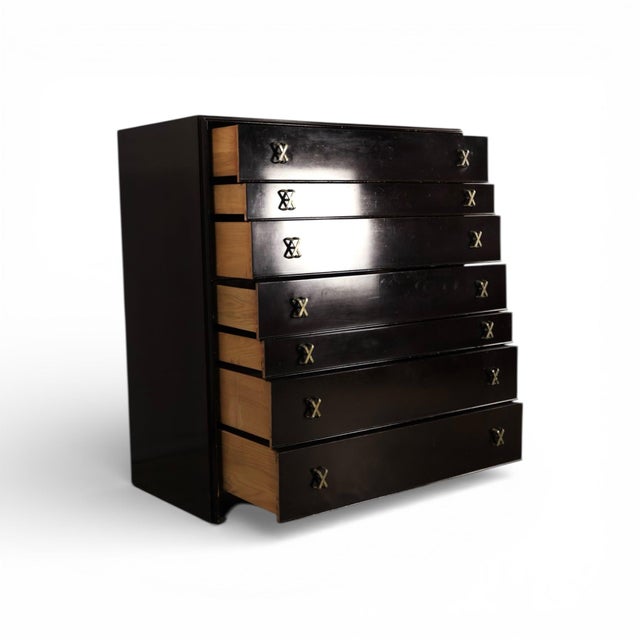 Wood Paul Frankl for Johnson Furniture Mid-Century Modern Black Lacquer Highboy, C. 1960s For Sale - Image 7 of 9