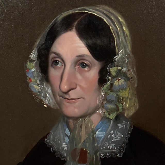 Victorian Antique 19th Century Victorian Portrait of Woman in Floral Lace Bonnet, Framed (Oil on Canvas) For Sale - Image 3 of 11