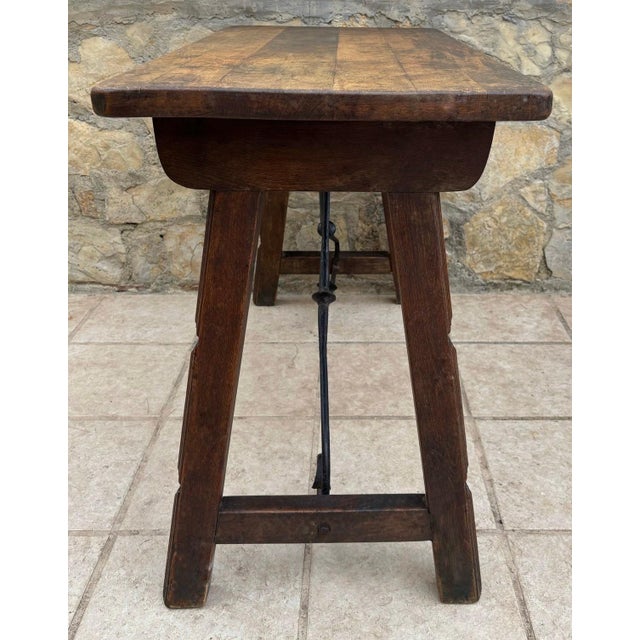 1920s Early 20th Century Spanish Table with Wrought Iron Cross Stretchers For Sale - Image 5 of 7