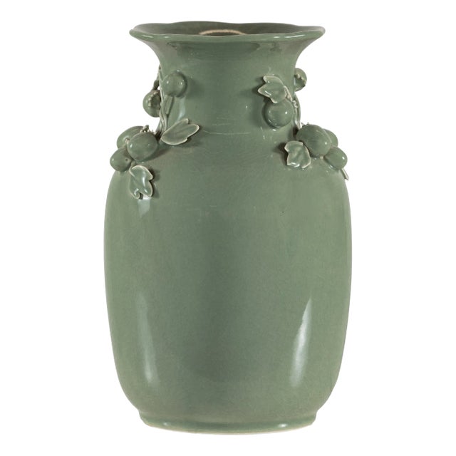 Celadon Green Glazed Ceramic Vase with Applied Fruit and Leaf Detail For Sale
