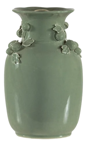 Celadon Green Glazed Ceramic Vase with Applied Fruit and Leaf Detail